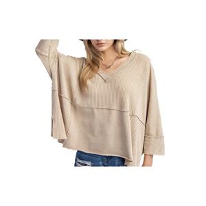 NWT Boho Easel Mineral Wash Tan Waffle Knit Pullover Long Sleeve Top 1X